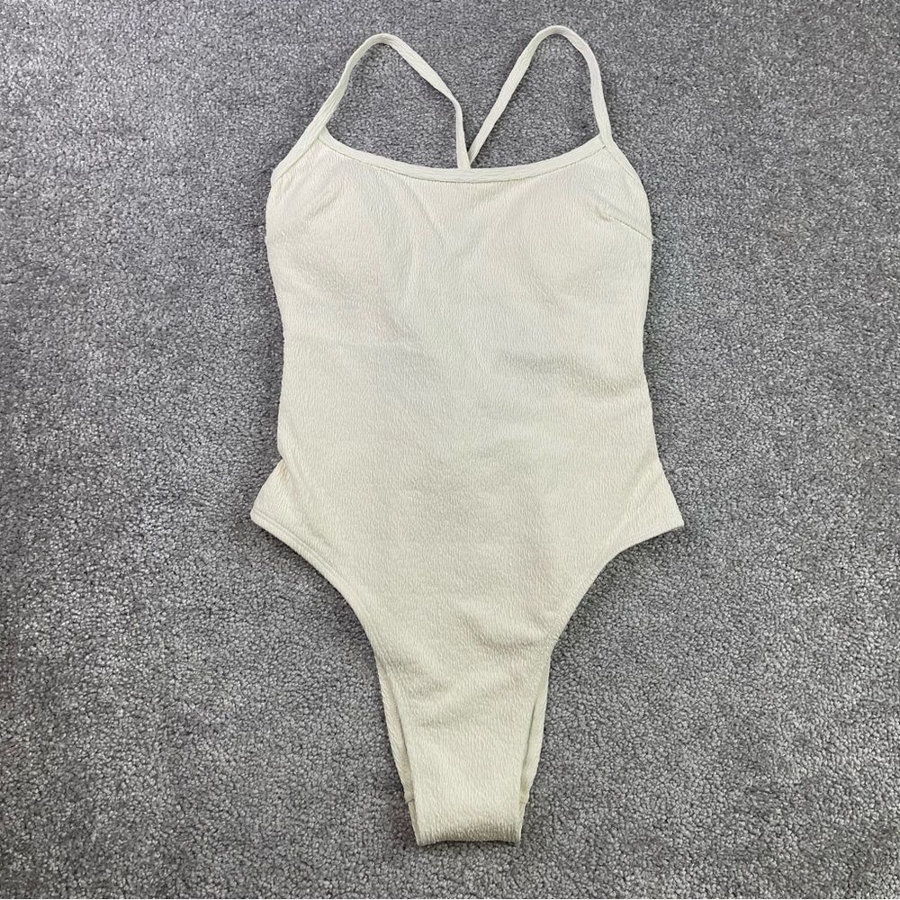 Halara One Piece Swimsuit Women's XS Cream Textured Criss Cross Back Tie Lined